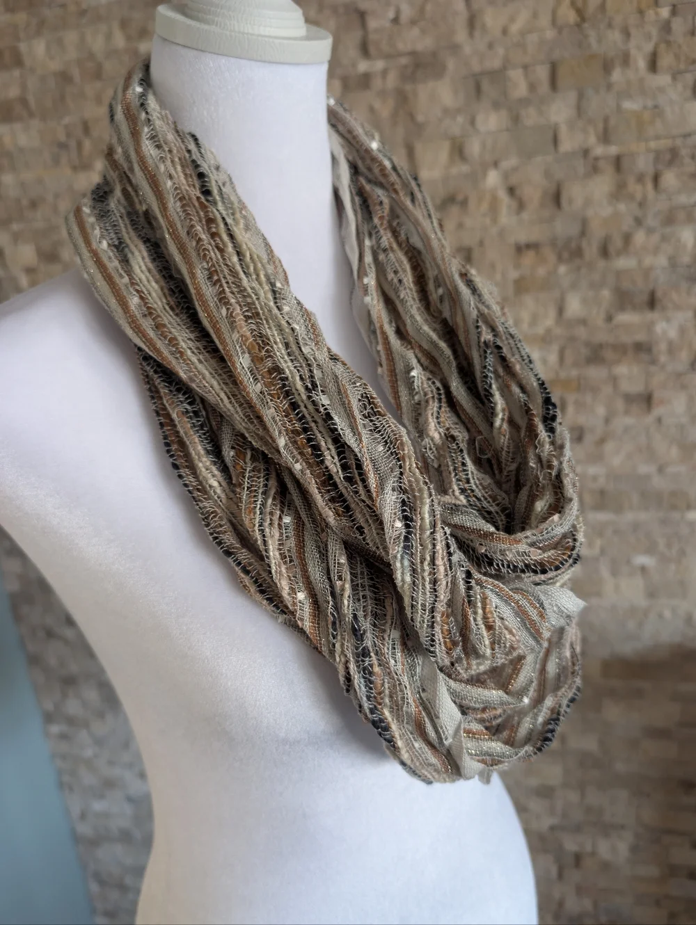 Metallic Multi-Tone Chevron Pleat Infinity Scarf Beige Brown & Silver Knit Sheer